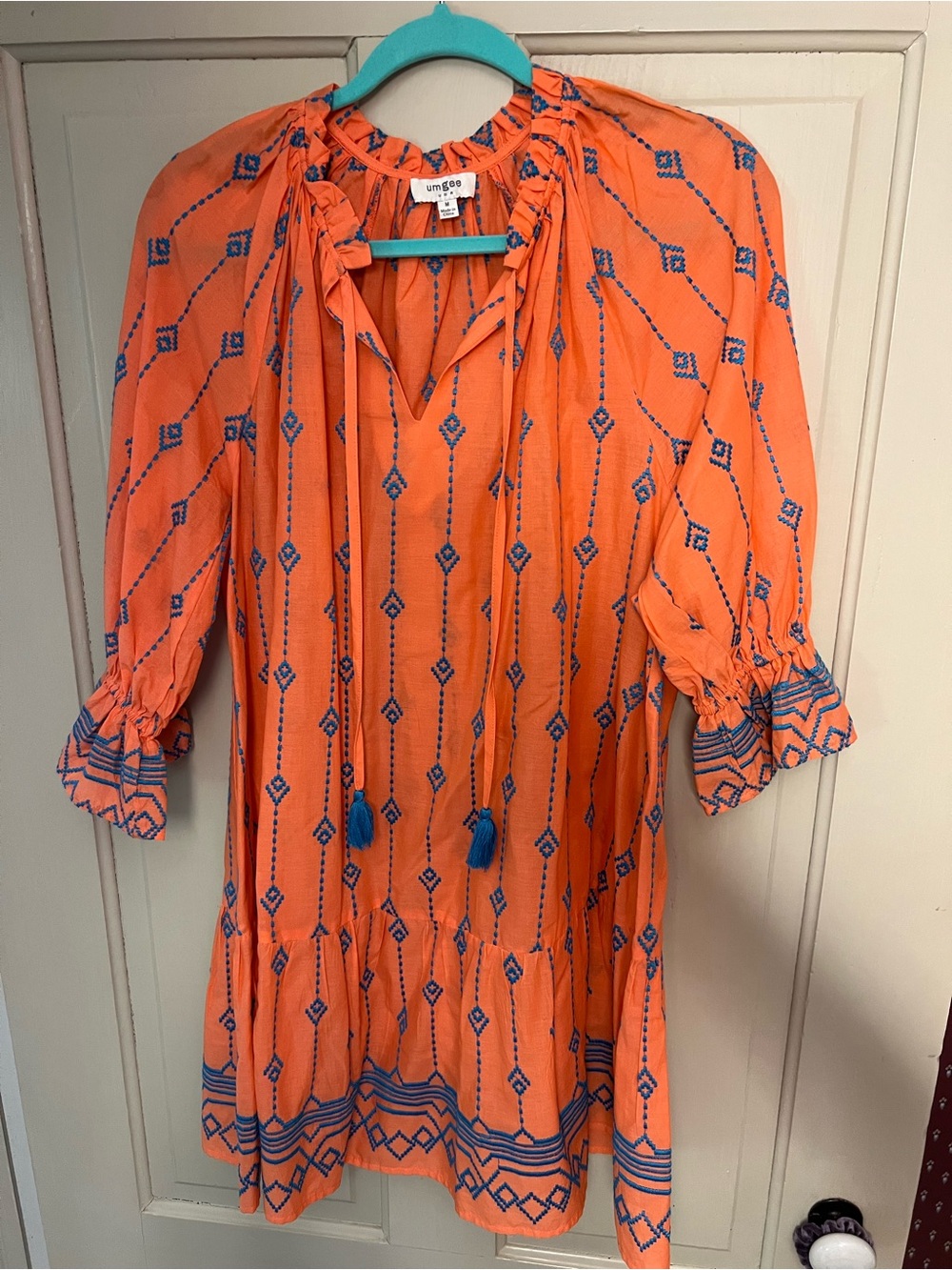 Umgee Orange Dress with Blue Embroidery and Tassels